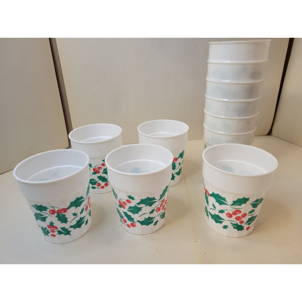 Vintage Christmas Holly Berry Plastic Cups Set of 12 Stackable Holiday Tumblers